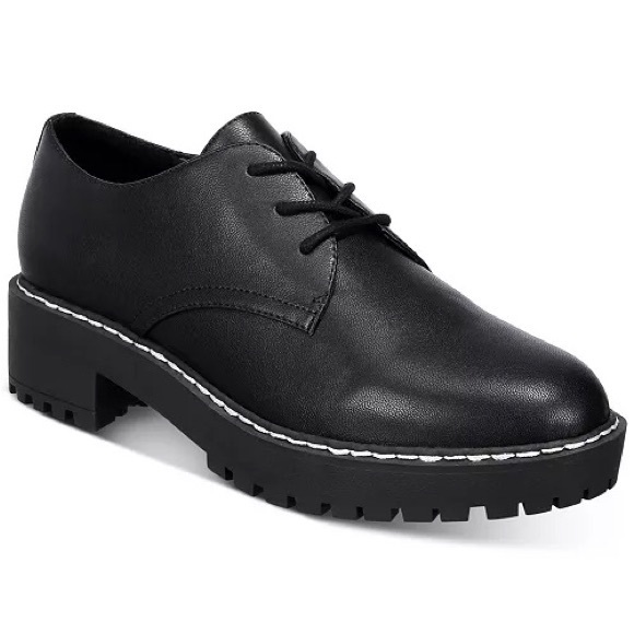Wild Pair Lug Sole Oxford Shoes Faux Leather Black with White Contrast Stitching - Picture 1 of 7